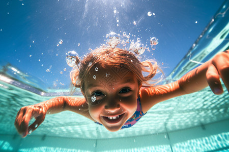 夏季游泳儿童开心的游泳的女孩背景