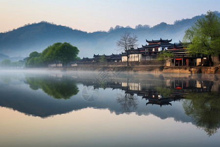 湖边的古老建筑背景图片