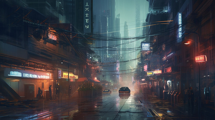 未来派街道赛博朋克城市背景图片
