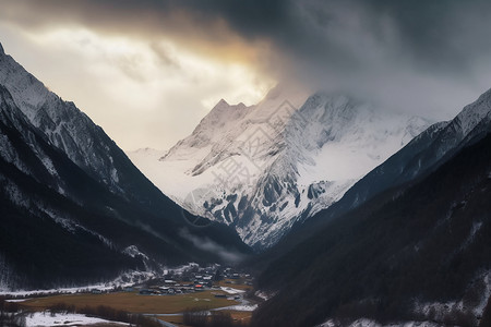 俯瞰远处的雪山高清图片