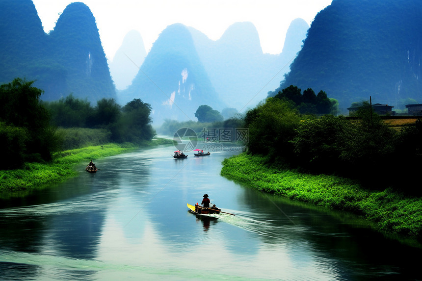 竹筏在河上漂流图片