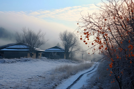 冬季梅花木屋雪景图片