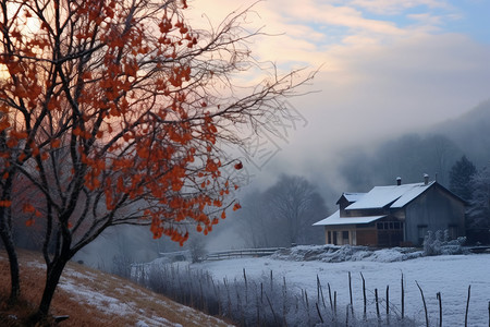 冬季雪景和木屋梅花高清图片素材