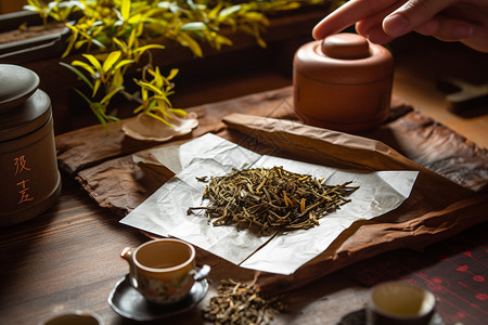 古茶具桌子上的普洱茶背景