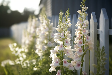 乡村栅栏旁的铃兰白色小花背景图片