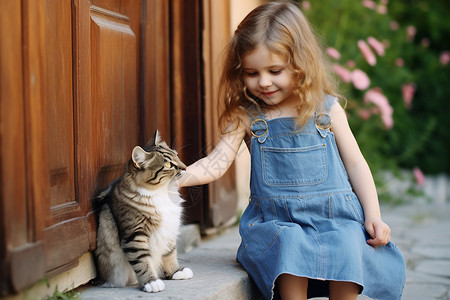 女孩逗猫夏天可爱的小猫咪和小女孩背景