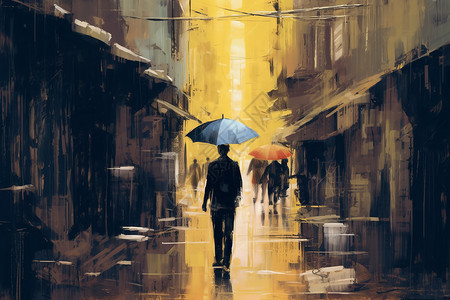 城市小巷中打伞的人插画