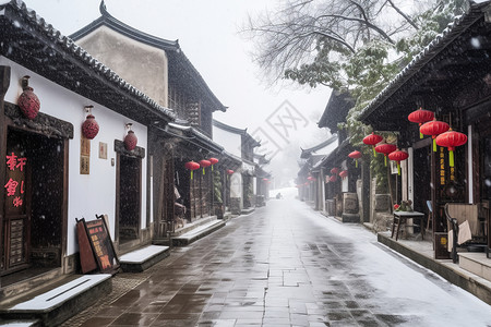江南雪景下雪的江南古镇背景
