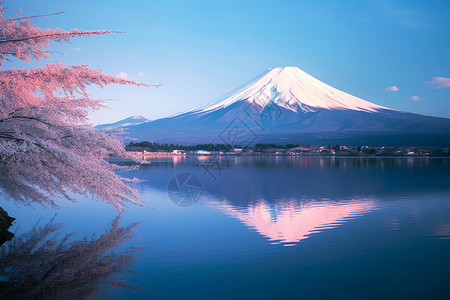 日本国内最高峰富士山与樱花背景