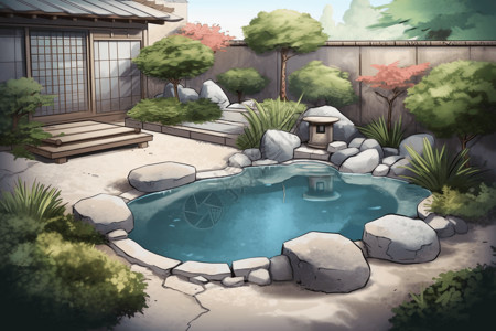 游泳池旁喷泉和石头图片