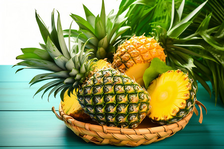 竹篮里的水果放在竹篮里的菠萝背景
