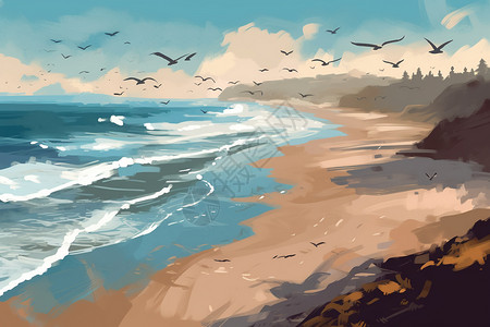 鸟瞰海滩海鸥飞过头顶插画图片