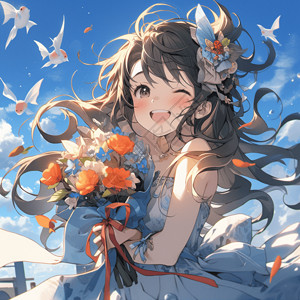 蓝天下抱着捧花的可爱的女孩图片