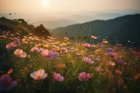 山顶上的花田背景图片