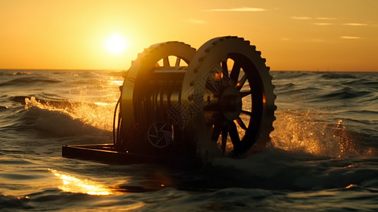 潮汐海灵海面上的涡轮发电站背景