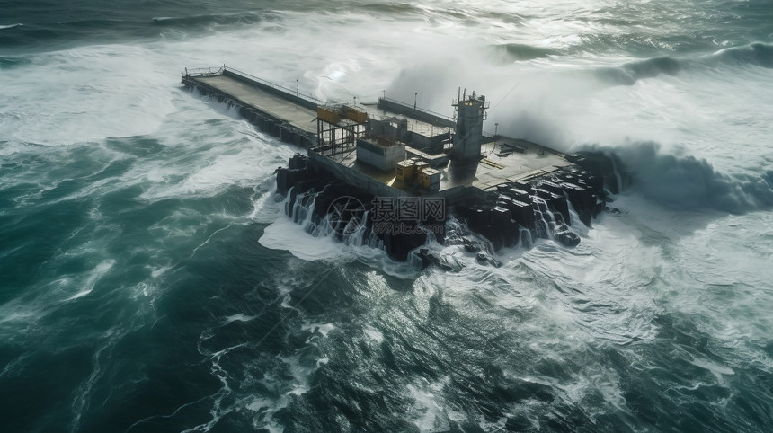巨大的海浪撞击潮汐发电站图片