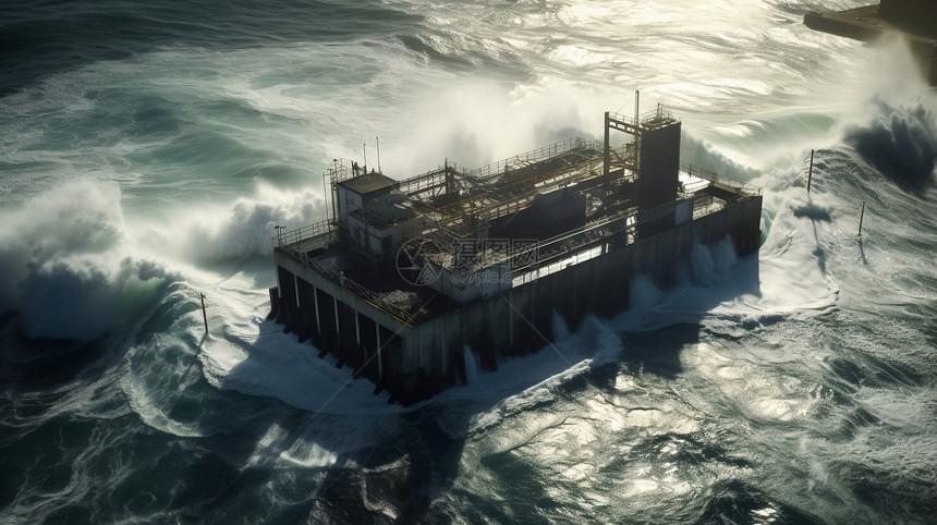 凶猛海面的潮汐发电站图片