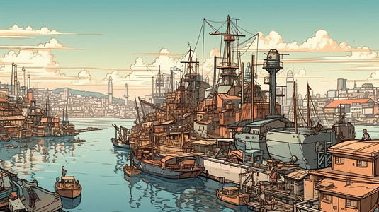 帆船和货船的港口城市图片