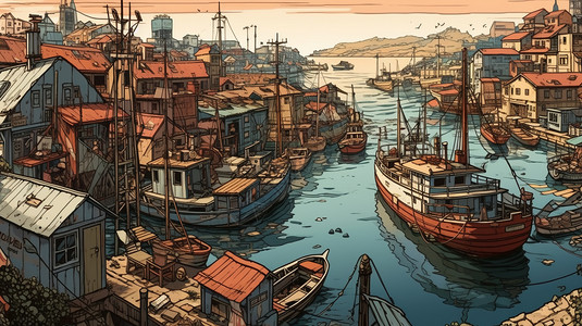 繁华的港口城市插画图片