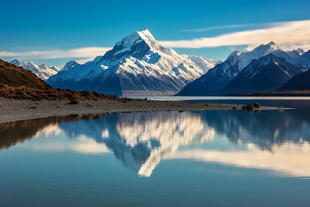 雪山下平静的湖面图片