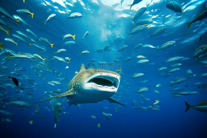 鲸鲨和鱼群背景图片
