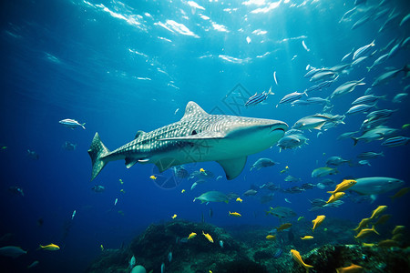 深海鱼群蓝色深海里的鲸鲨背景