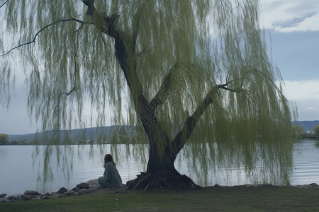湖边柳树下的女人图片