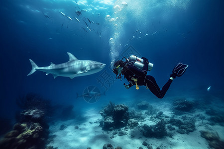 潜水员与海洋生物鲨鱼高清图片素材