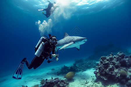 职业潜水员遇见鲨鱼背景图片