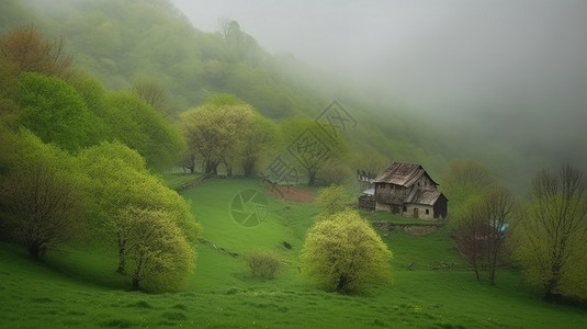 云雾下山里的小房子图片