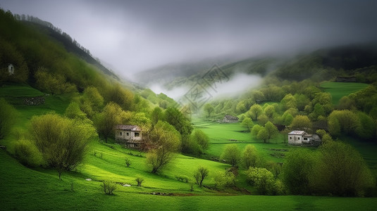 雨后山脚下的房屋背景图片