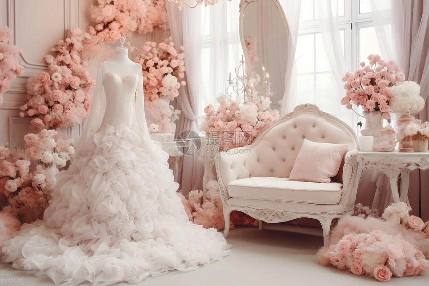 粉色背景和婚纱展示图片