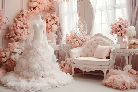 粉色背景和婚纱展示图片