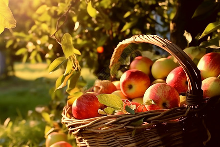 果园里阳光下的一筐新鲜苹果图片