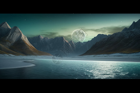 山河夜景月亮升起湖面的景色背景