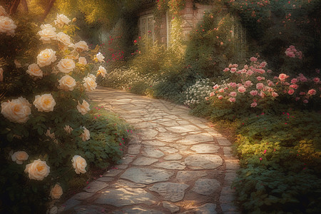 玫瑰花园石路图片