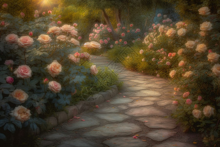 浪漫玫瑰花园石路背景图片