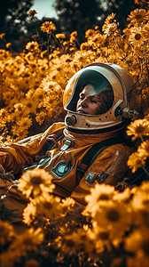 躺在黄色花海中的宇航员图片