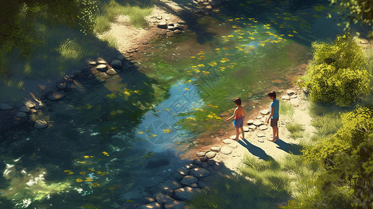 站在桥上玩耍的孩子男孩和女孩在溪水边玩耍插画