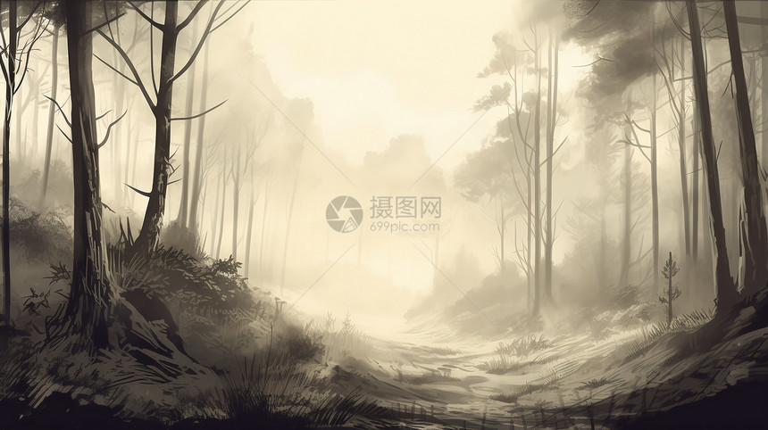 水墨风迷雾森林图片