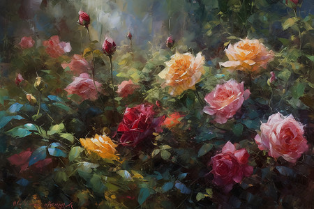玫瑰花园油画背景图片