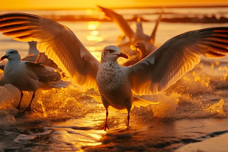 在沙滩上张开翅膀的海鸥背景图片