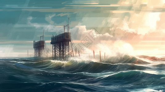 码头和小灯塔波涛汹涌的海面发电站插画