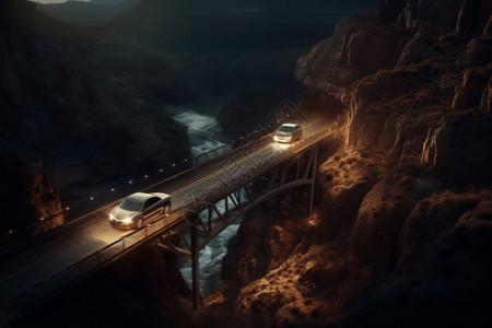 峡谷公路一辆车奔驰在悬索桥设计图片