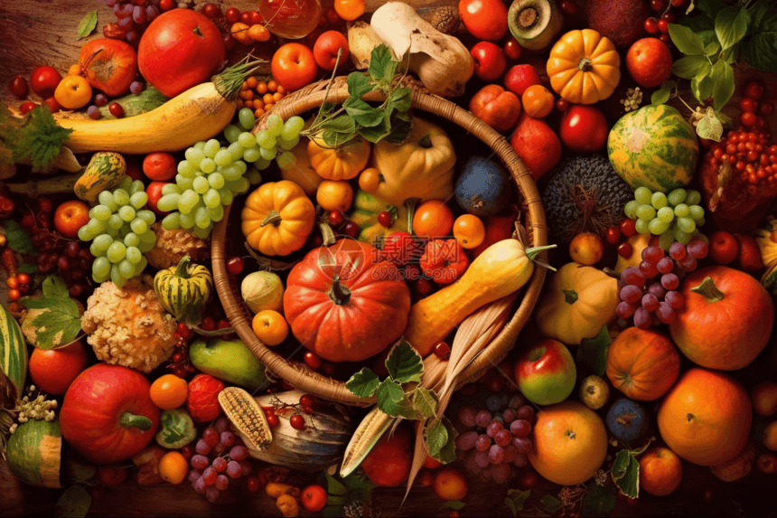 平铺的水果和蔬菜图片