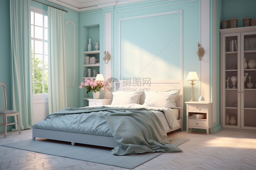 蓝色风格的卧室效果图图片