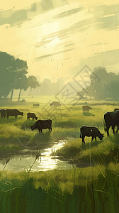 水牛在绿色稻田里放牧图片