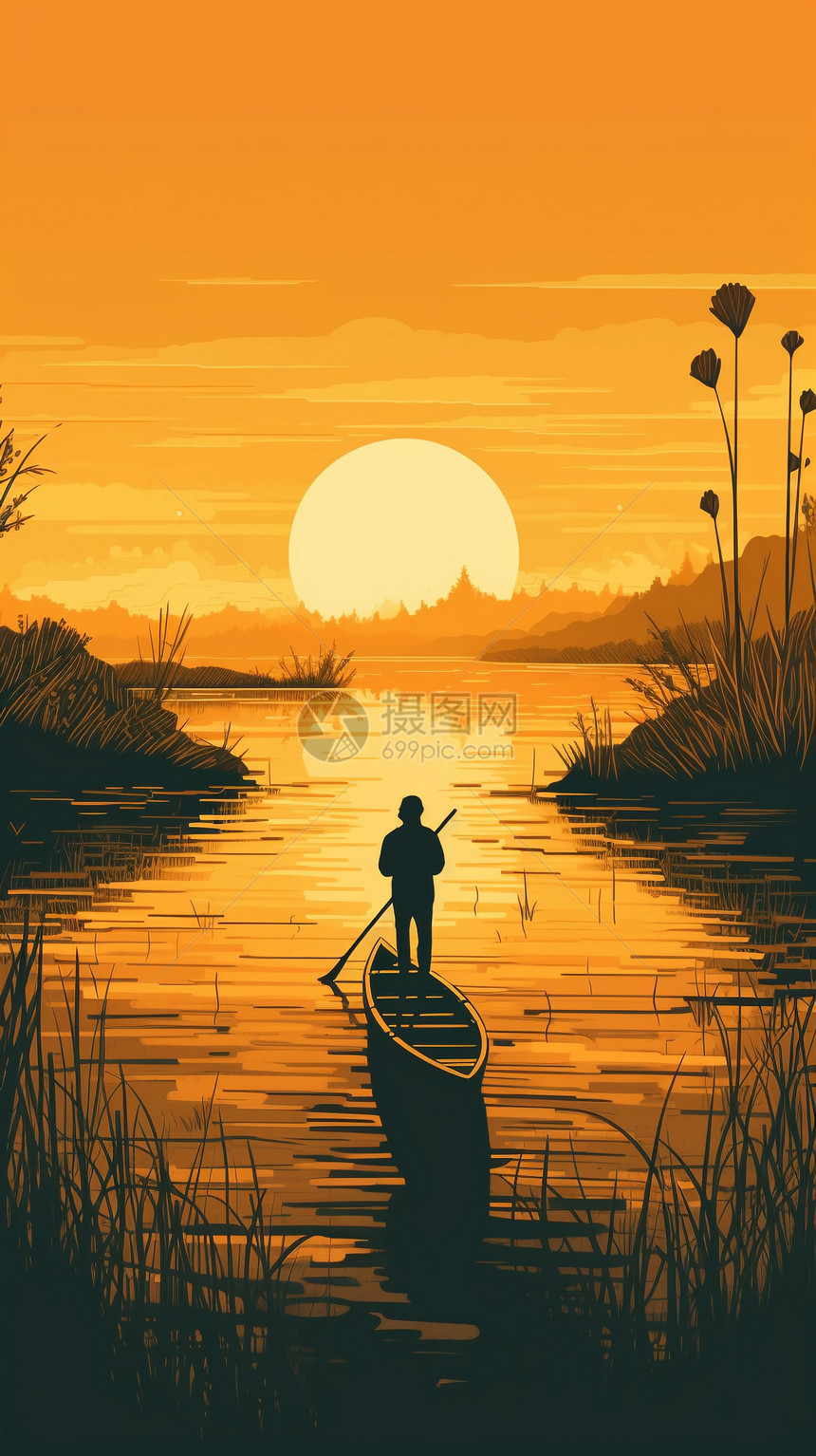 日出时分湖中的渔民图片