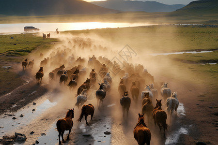 大型马群奔跑场景背景图片