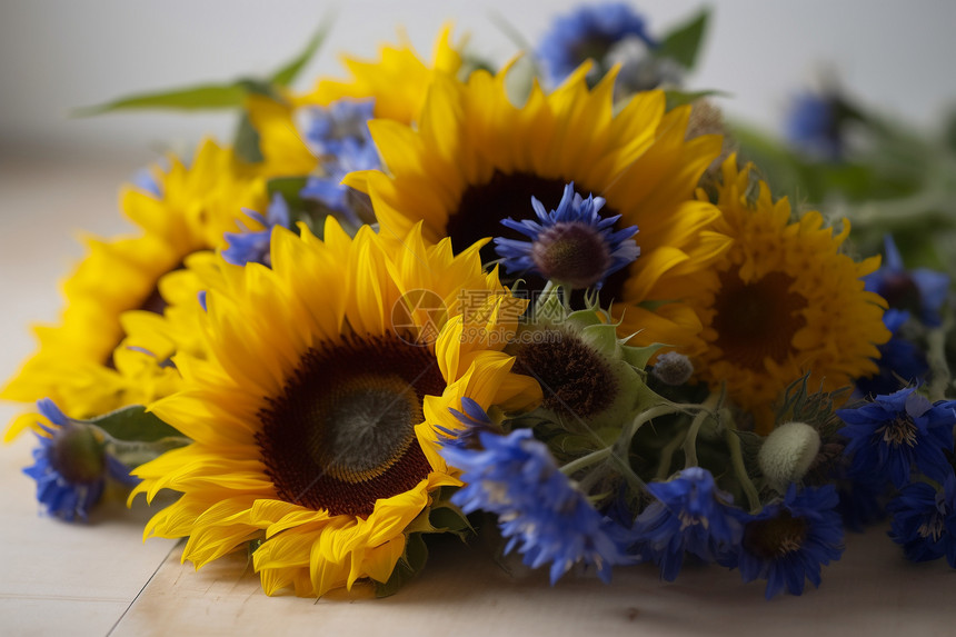 黄色向日葵和蓝色矢车菊图片